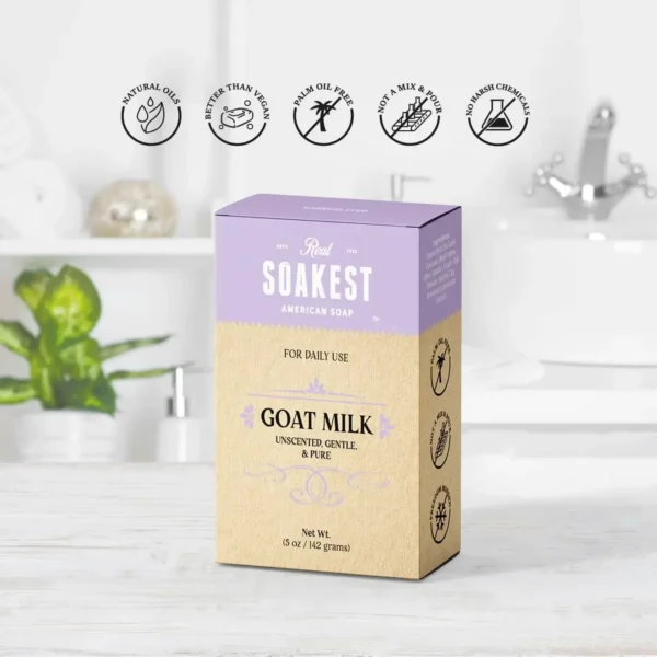 A bar soap box of unscented goat milk soap pictured in a bathroom setting