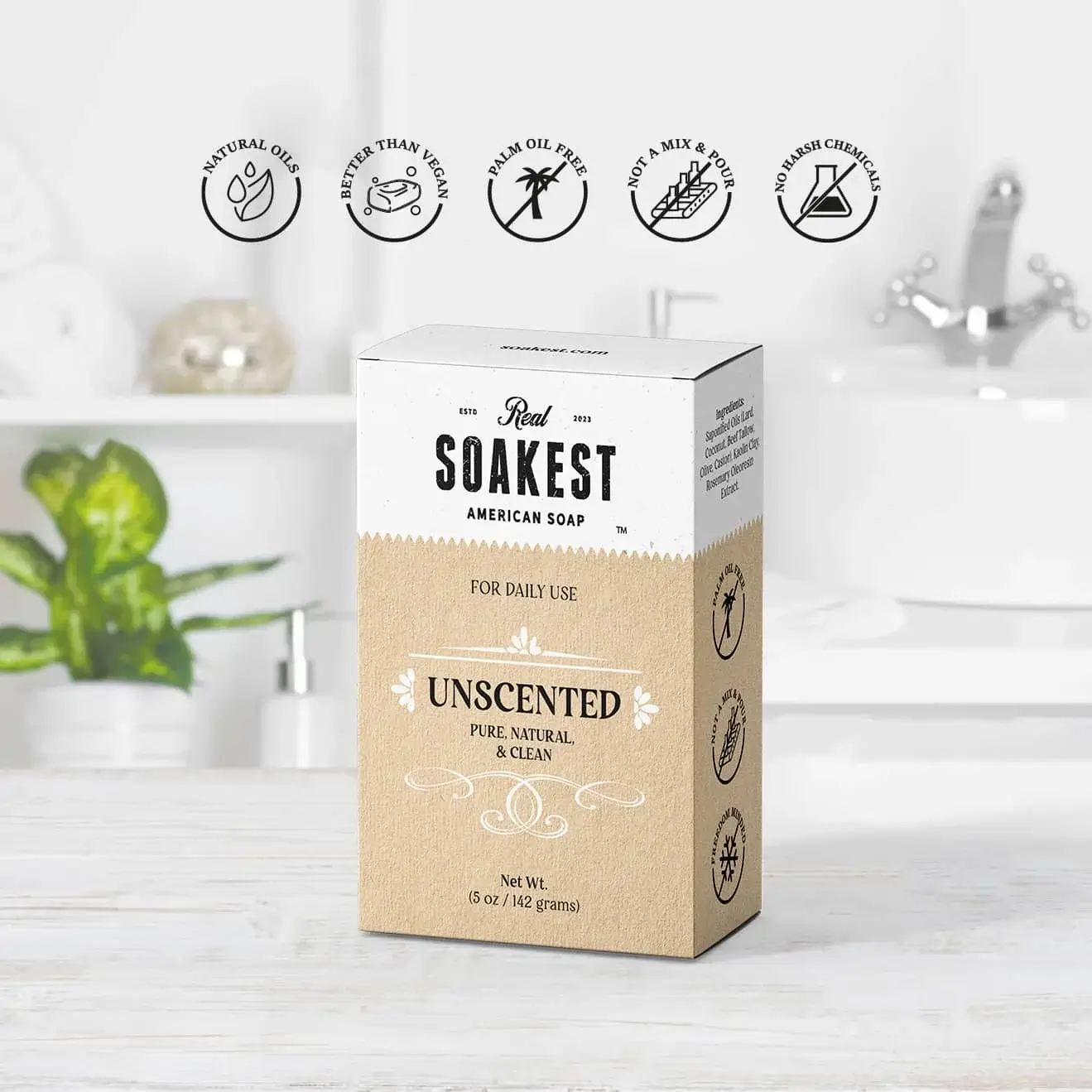 A bar soap box of unscented original soap pictured in a bathroom setting